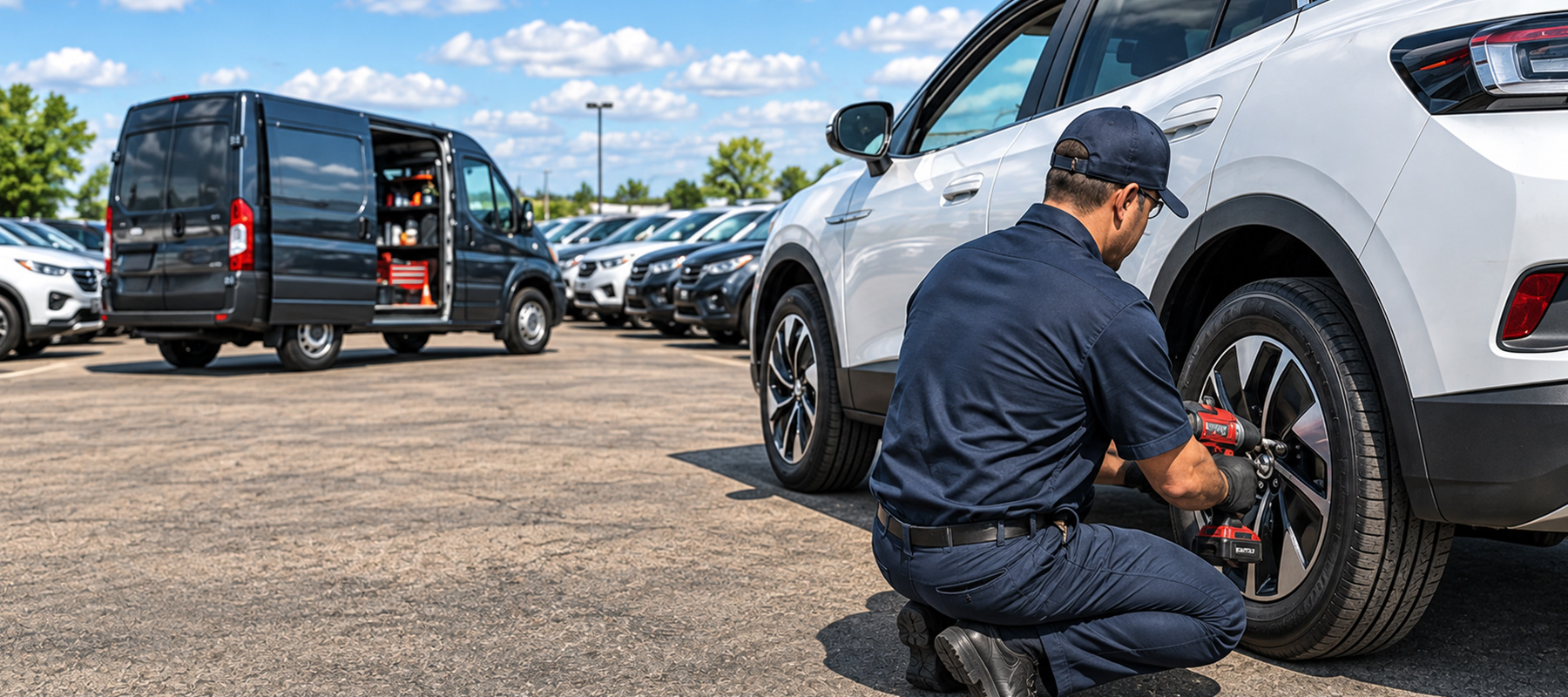 Employee fixing vehicle damage on-site